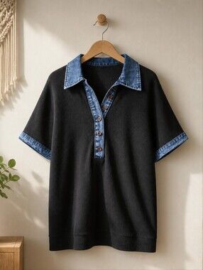 Black Polo Top with Denim Trim